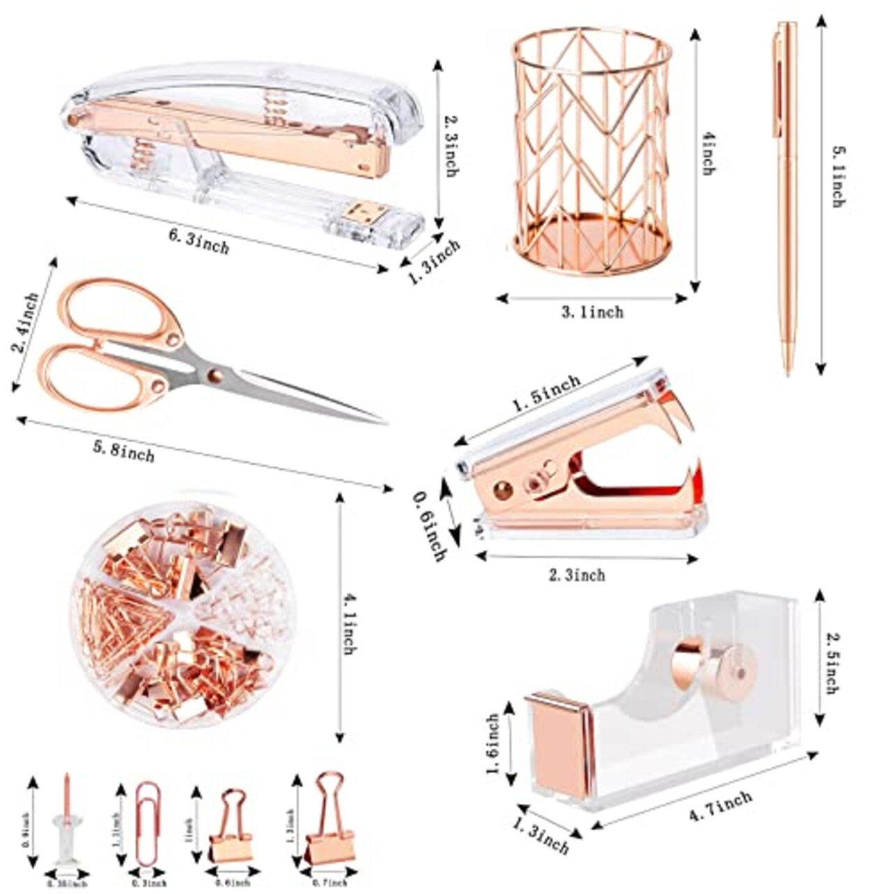 Rose Color Office Supplies Set Acrylic Stapler Set Staple Remover, Tape Holder, 2 Ballpoint Pen, Scissor, Binder/Paper Clips and 1000pcs Staples.